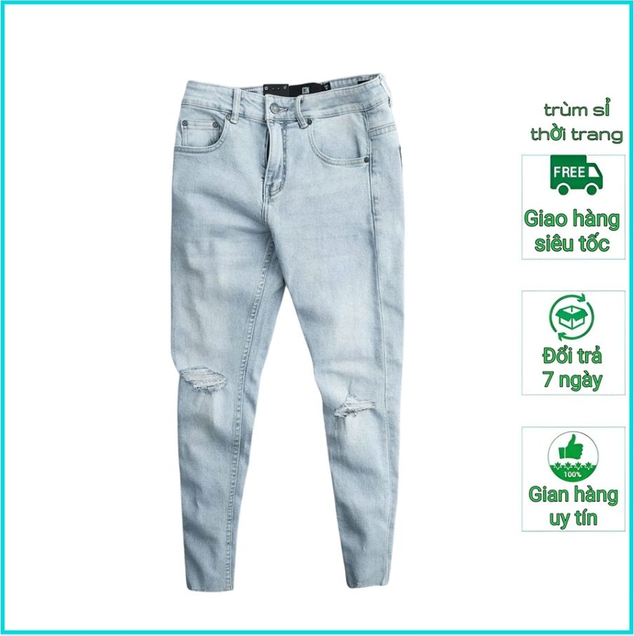 Quần jean nam dài cao cấp mẫu mới vải cotton co giãn màu xanh nhạt rách nhẹ bao đẹp