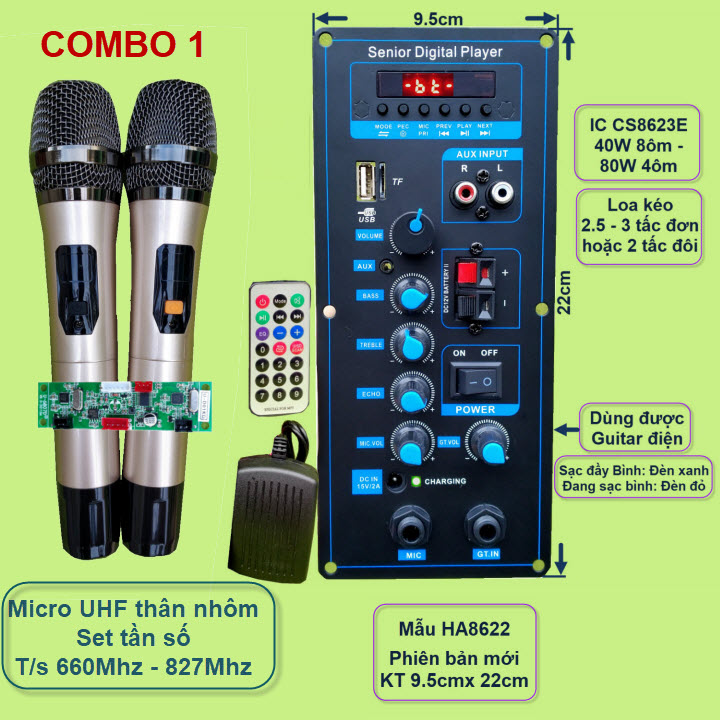 Mạch loa kéo HA8622 xanh guita công suất 40W - 80W kèm mic