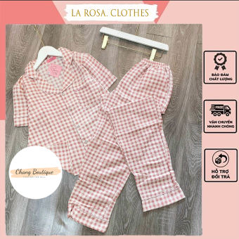 Đồ ngủ nữ tay ngắn quần dài kẻ caro chất đũi xốp, bộ đồ mặc nhà cổ truyền thống cực sang, bộ pyjama mặc nhà