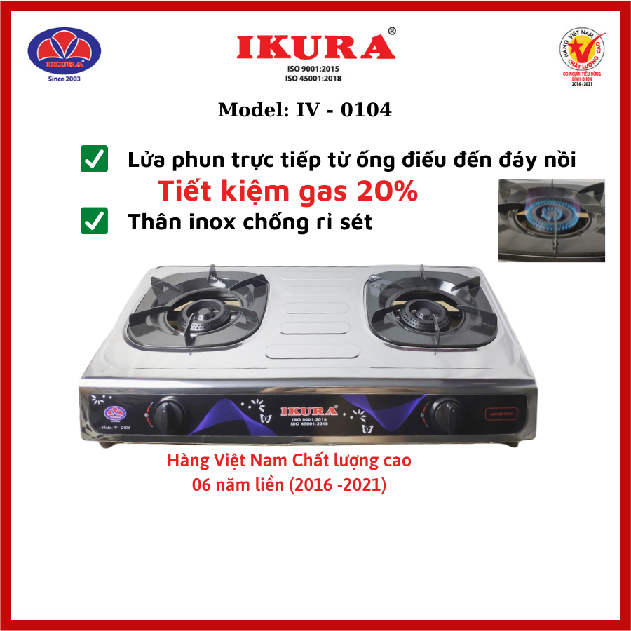 Bếp đôi mặt inox chống rỉ sét - tiết kiệm 30% gas - iv 0104