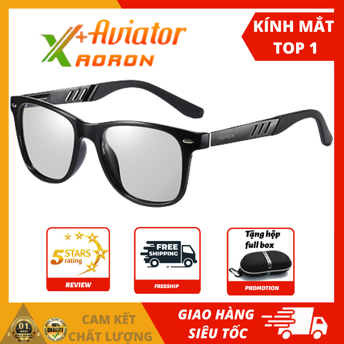 Kính NAM đổi màu đi ngày và đêm AVIATOR, Khung nhôm magie bản lề lò xo, mắt kính polarized phân cực, chống UV - A575BS