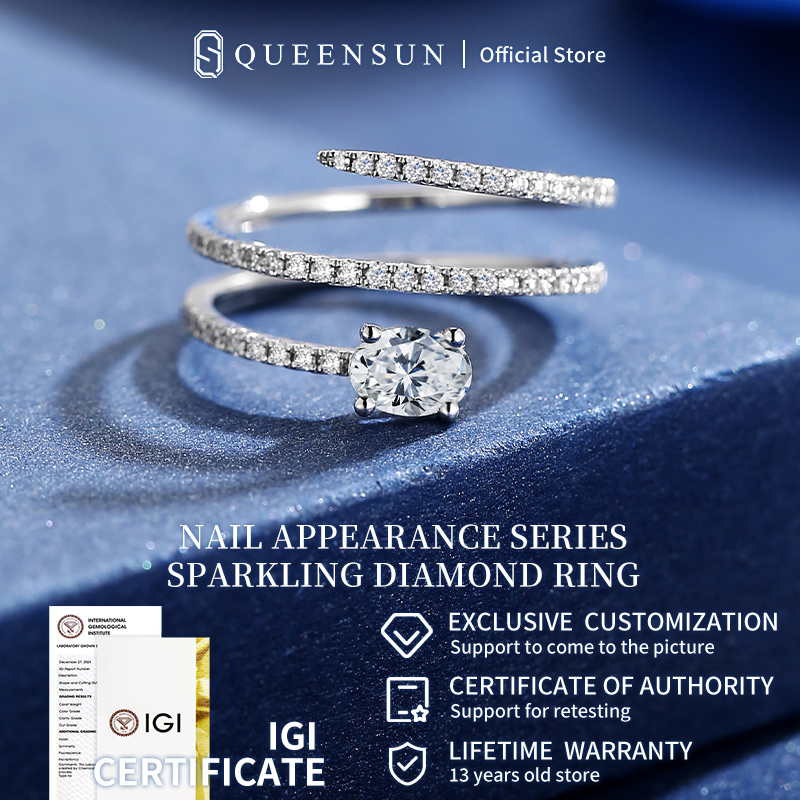 Queensun 18K gold  0.25carat  lab grown diamond oval cut  nail row ring customize diamond gemstone ring ring jewelry for women Ladies gifts  jewelry gift 钉子钻石戒指女生