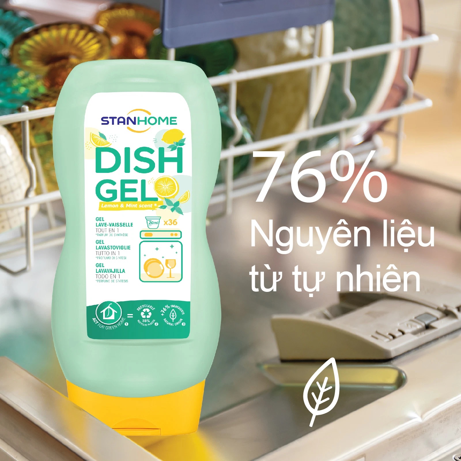 [HCM]Viên rửa chén bát All In 1 dạng Gel Stanhome 720ml - hương chanh.bạc hà- Dùng cho máy rửa chén bát / Finish Powerball All in One Dishwasher Gel - 720ml