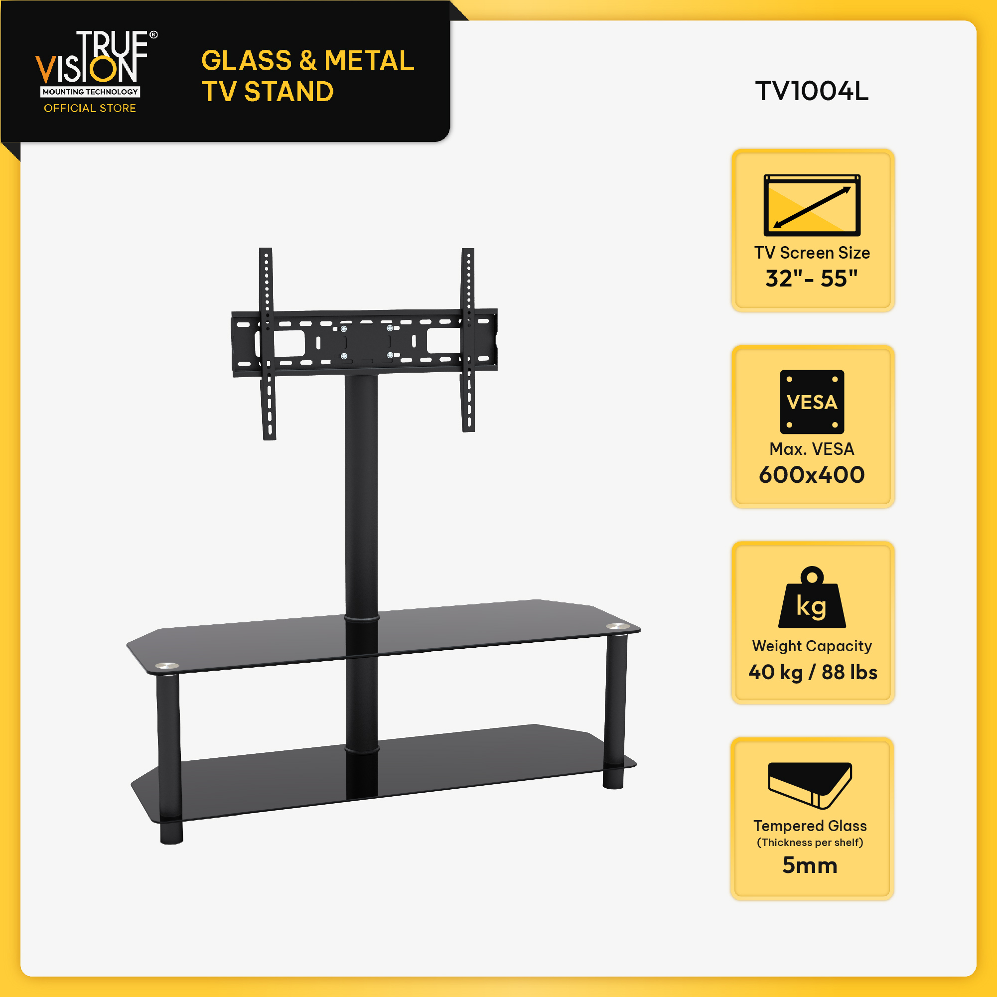 True Vision Glass and Metal TV Stand / Rack for 32"-55" TV1004L (Black)