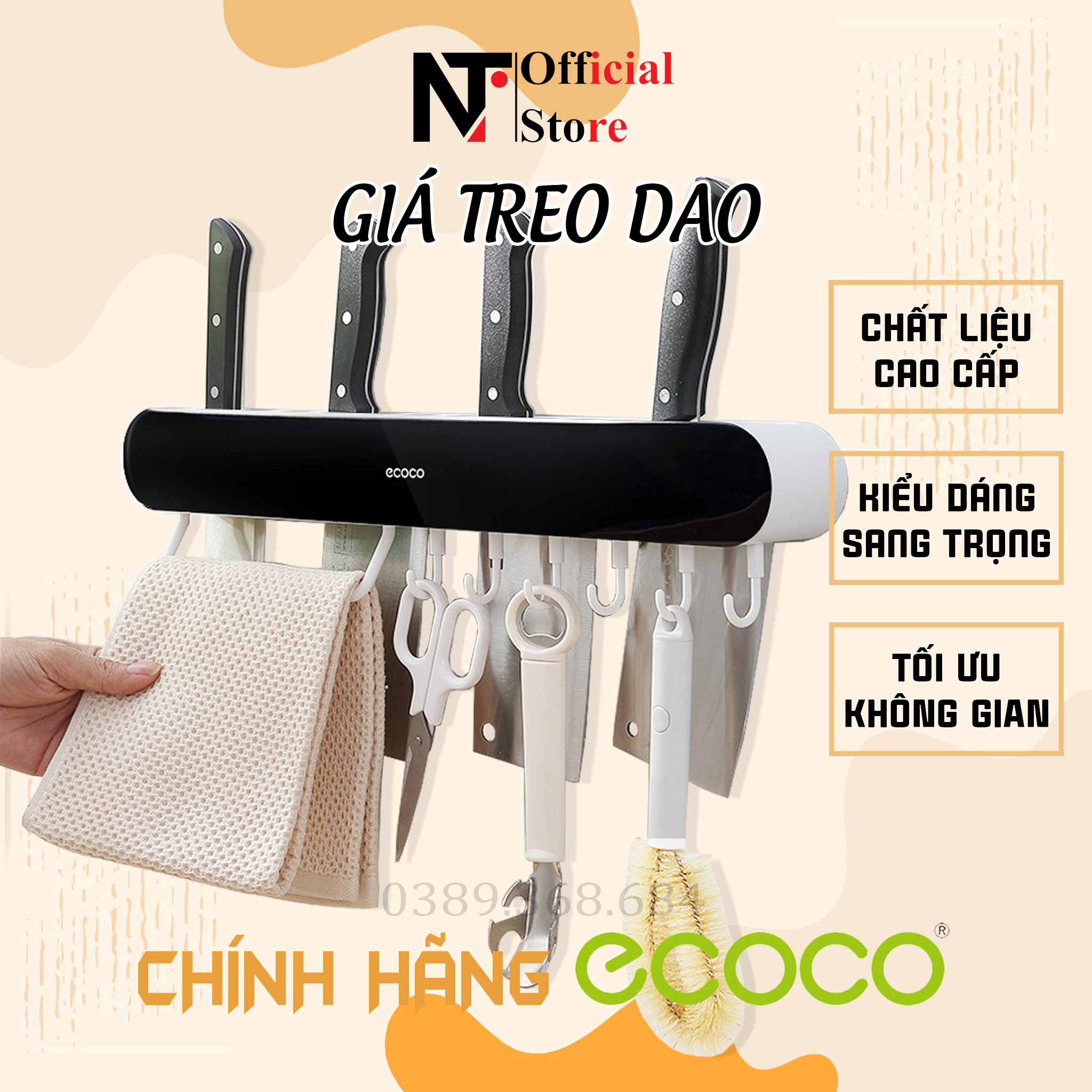 Kệ cắm dao Ecoco dán tường , đa năng, có ngăn đựng đũa, thìa, móc treo đồ tiện dụng - NT Store E2028