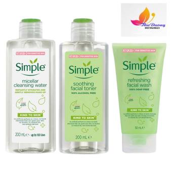 Combo Simple Làm Sạch & Cân Bằng Dịu Nhẹ Da Nhạy Cảm 3 Món Kind To Skin Micellar Cleansing Water 200ml + Refreshing Facial Wash Gel 150ml + Kind to Skin Soothing Facial Toner 200ml