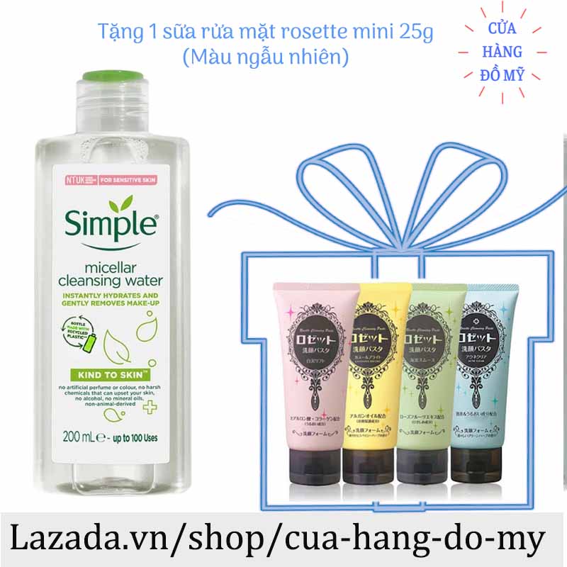 Nước tẩy trang Simple Micellar Cleansing Water Kind to Skin 200ml - Sử dụng được da nhạy cảm - Shop Hong1008