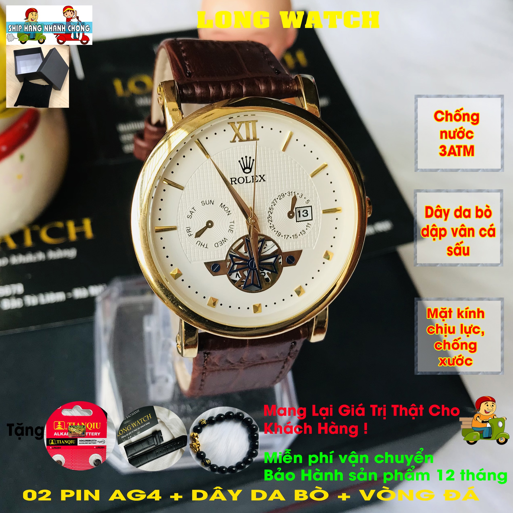 ĐỒNG HỒ NAM, DÂY DA BÒ MÀU NÂU, VIỀN MẶT MẠ VÀNG PVD BỀN MÀU, LỊCH NGÀY, KÍNH MINERAL CRYSTAL CHỐNG XƯỚC, TẶNG COMBO QUÀ TẶNG GỒM DÂY DA BÒ, 02 PIN AG4, VÒNG ĐÁ TỲ HƯU PHONG THỦY