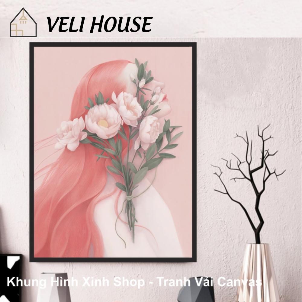 [ Size 42x60 cm ] Tranh vải canvas treo tường - Cô gái & Hoa - Kèm khung - Trang trí spa - Veli house