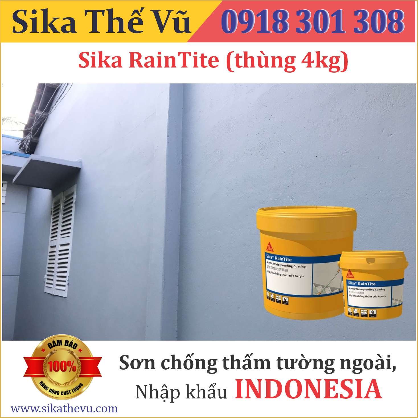 Sơn Chống Thấm Tường Ngoài KHÔNG cần đi bê, lăn kiềm _ Sika RainTite Màu Xám (Thùng 4kg)  SIKA THẾ VŨ