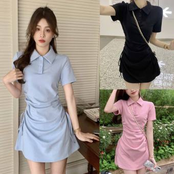 Váy nữ Body Dây Rút Hông Đầm Polo Body Dáng Ôm Cộc Tay 3 hồng xanh trắng tôn dáng V038