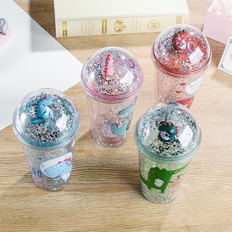 Ly giữ nhiệt kim tuyến hình khủng long/ bình nước khủng long 3d kim tuyến 500ml/ ly khủng long kim tuyến/ cốc uống nước khủng long kim tuyến 3d