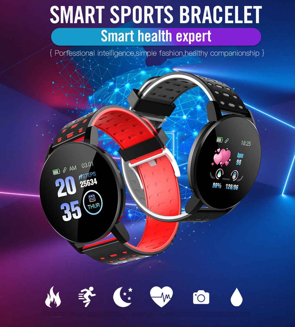 Aolon Smart Watch 119 PLUS for Android IOS ，Tekanan Darah Putaran Bluetooth  Heart Rate Pelacak Olahraga Tahan Air Dengan Jam Alarm Smartwatch Pria  Wanita Kebugaran Smartwatch for Huawei oppo vivo iphone PK