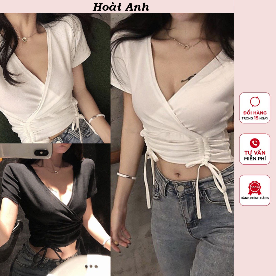 Áo croptop chéo ngực dây rút áo croptop nữ ngắn tay dây rút eo ôm body freesize