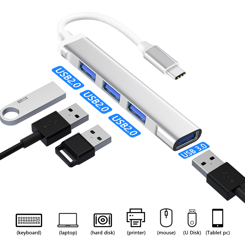 HUB USB Type C Tốc Độ Cao Bộ Chuyển Đổi Bộ Chia 4 Cổng OTG Cho Điện Thoại Thông Minh Máy Tính Xách Tay Máy Tính Bàn Phím Chuột Bộ Chuyển Đổi Thẻ Nhớ