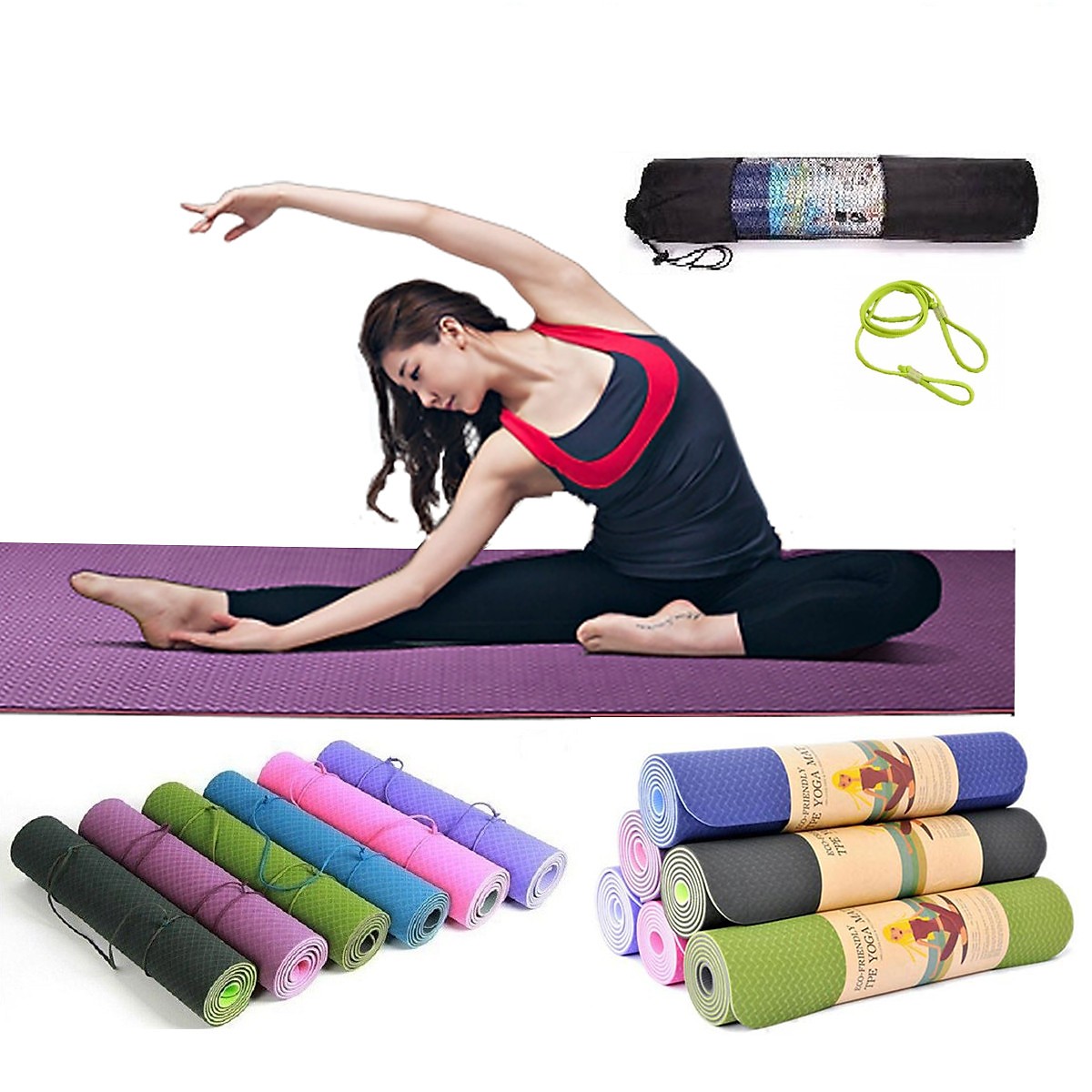 Thảm tập yoga , gym 2 lớp 6mm, thảm tập yoga tpe chống trơn trượt, thảm tập yoga tại nhà. tặng kèm túi đựng thảm.