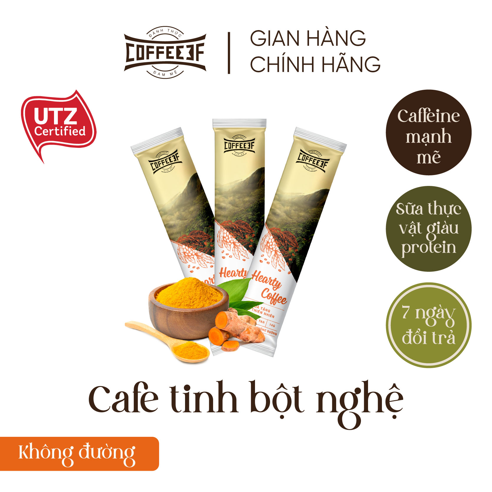 Cà phê hoà tan gói lẻ 14g tinh bột nghệ Hearty Coffee - Coffee3F