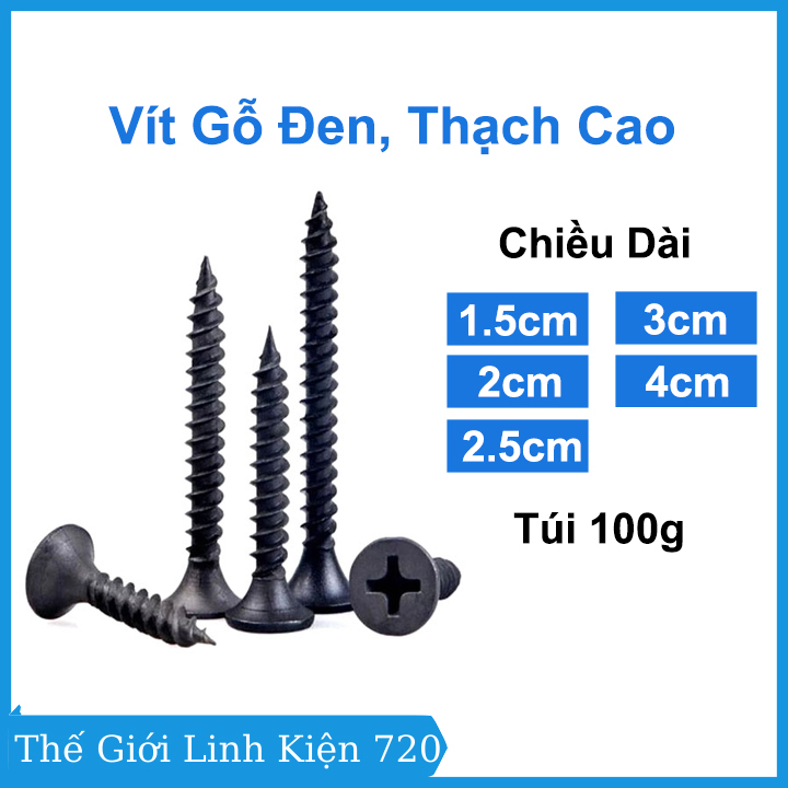 Túi 100g vít gỗ đen, vít thạch cao màu đen chiều dài 1.5cm/2cm/2.5cm/3cm/4cm