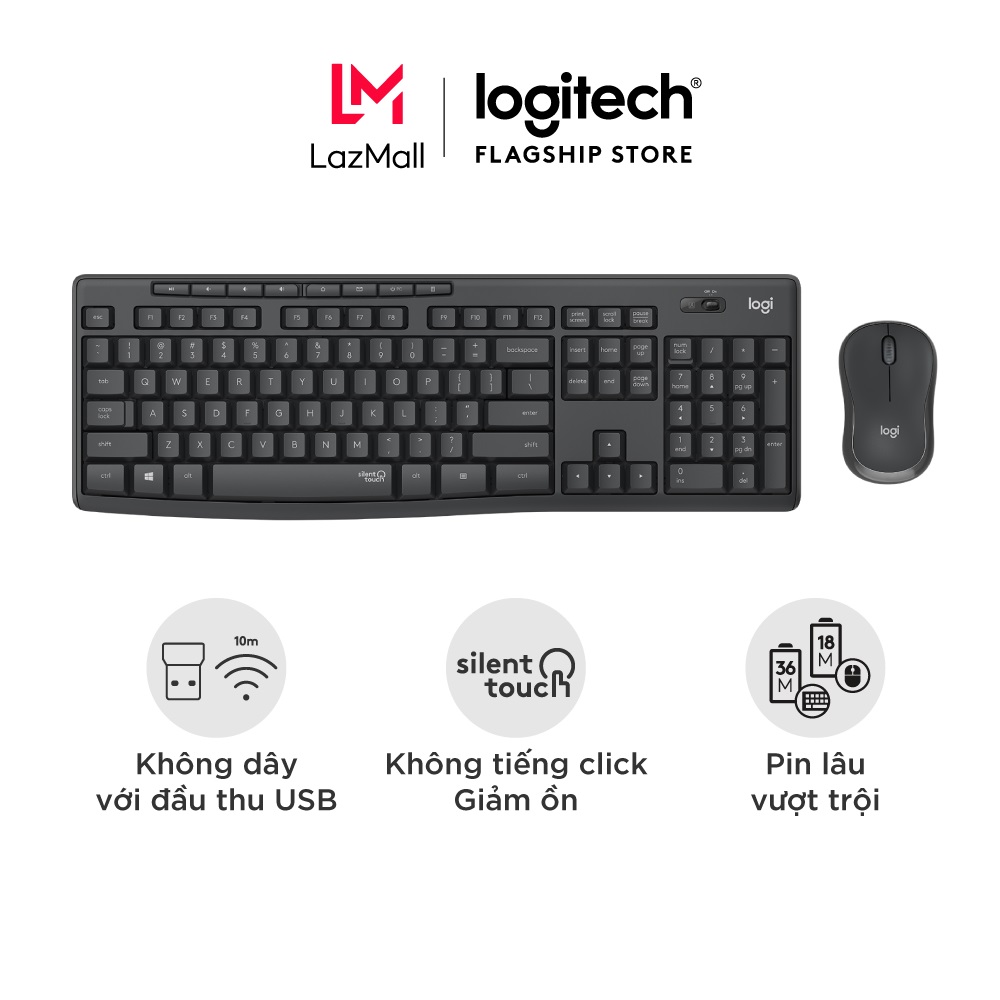 Combo chuột phím không dây Logitech MK295 Silent Chống ồn 90 có phím số mắt đọc cải tiến bền bỉ không lag