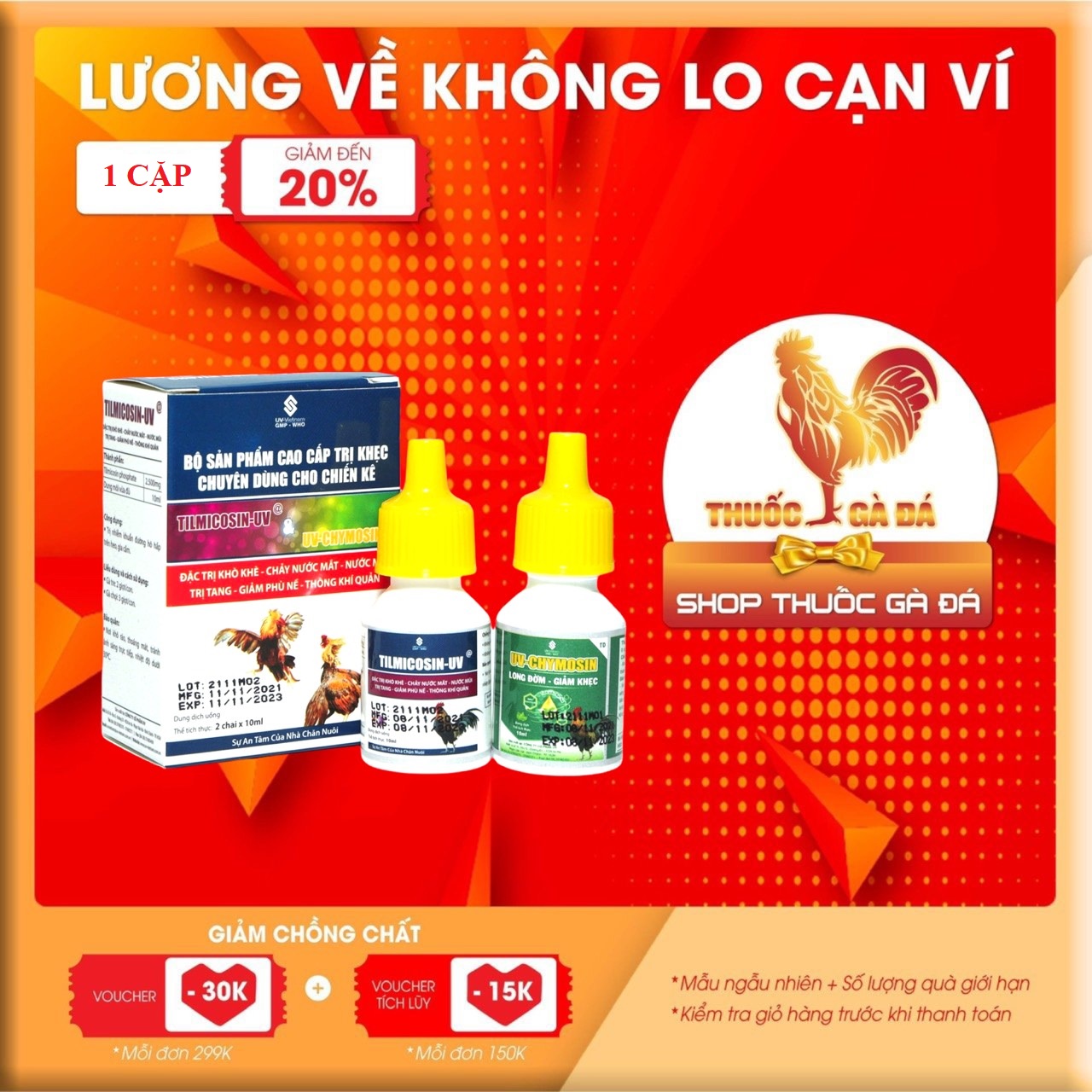 Bộ đôi khò khè sổ mũi cho gà đá 𝐓𝐈𝐋𝐌𝐈𝐂𝐎𝐒𝐈𝐍 + 𝐂𝐇𝐘𝐌𝐎𝐒𝐈𝐍