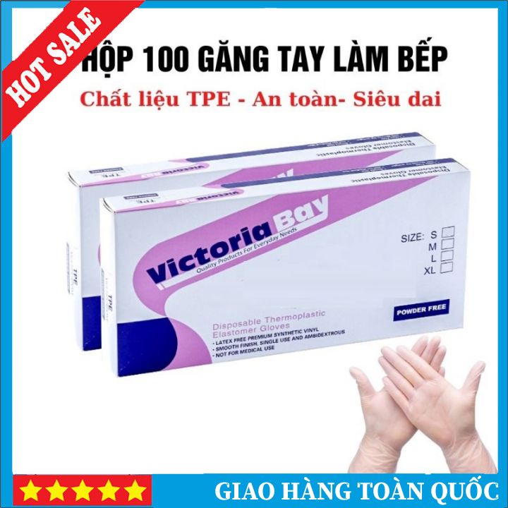 Hộp 100 Găng Tay Cao Su Tpe Victoria Bay, Bao Tay Siêu Dai Dùng 1 Lần Làm Bếp Nấu Ăn Vệ Sinh