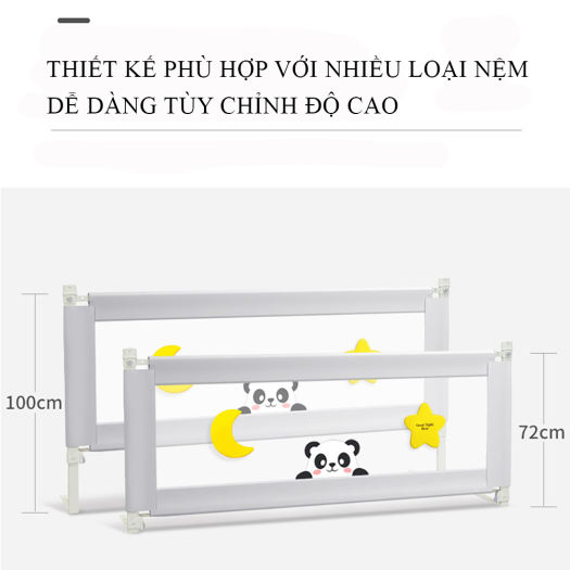 Thanh chắn giường cho bé an toàn cao cấp 1m2, 1m8, 2m, 2m2. Độ cao điều chỉnh trượt lên trượt xuống cao 72 - 100cm.