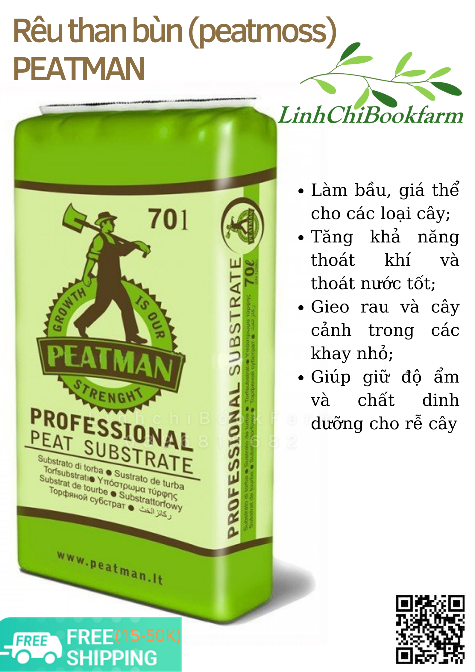 Rêu than bùn Peatman, bao 70l , "sạch sẽ", vô trùng, dùng làm bầu, giá thể trồng cho các loại cây, duy trì độ ẩm