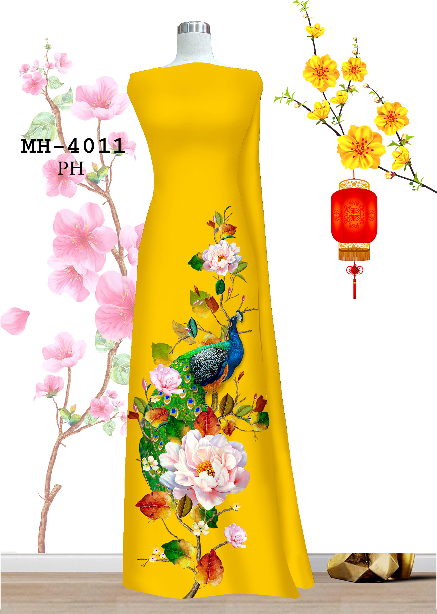 Vải áo dài in 3d họa tiết chim công sang trọng