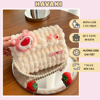 Túi handmade gấu dâu, túi tự đan gấu xinh, túi len bi gắn gấu dâu - Phụ kiện đan túi HAVAKI (Có video hướng dẫn)