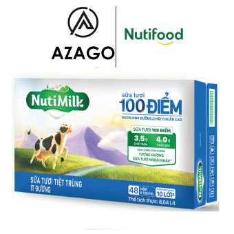 Thùng 48 Hộp NutiMilk Sữa tươi 100 điểm - Sữa tươi tiệt trùng Ít đường 180ml TU.STID180AZ - Thương Hiệu NUTIFOOD - AZAGO