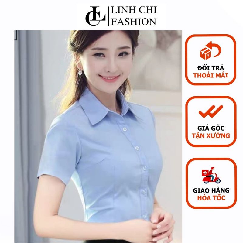 Áo sơ mi nữ tay ngắn màu xanh nhạt cao cấp FORM MAI AN vải kate ý đẹp dày dặn  lưu ý form nhỏ nên vui lòng xem trước bảng size để chọn  nhé các nàng