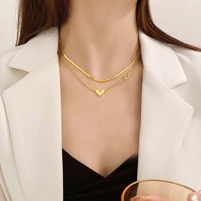 Dây chuyền titan nữ 2 lớp mặt trái tim chữ Love cá tính không gỉ