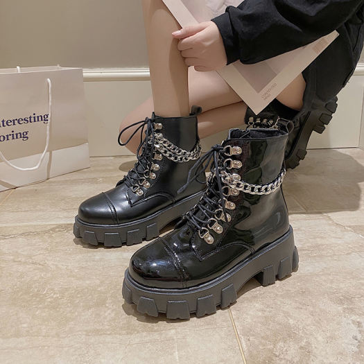 Anh Đầu Máy Buộc Dây Dr. Martens Nữ Phong Cách Retro Bốt Kỵ Sĩ 2020 Mẫu Mới Lớp Da Bóng Đế Thô Đế Dày Ins Bốt Ngắn