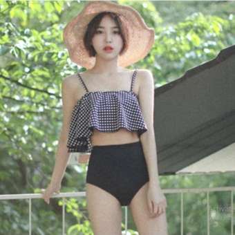 ĐỒ BƠI 2 DÂY CHẤM BI + QUẦN CẠP CAO (ĐEN CHẤM TRẮNG)