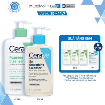 Bộ sữa rửa mặt CeraVe làm sạch sâu dành cho da dầu - da nhạy cảm Foaming Cleanser 473ml & SA Smoothing Cleanser 236ml