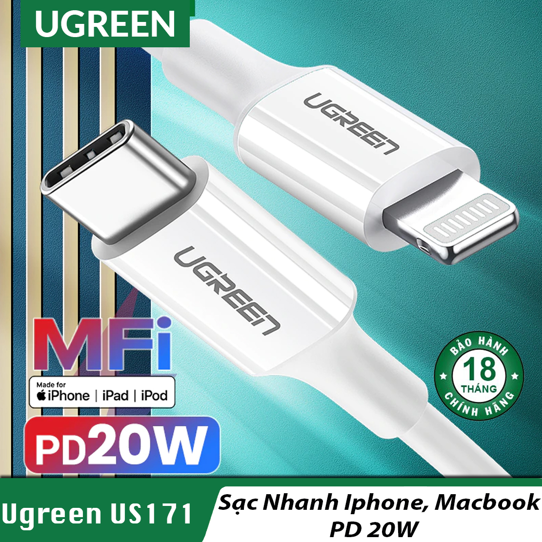 Cáp sạc nhanh pd 20w cho iphone, ipad ugreen us171 - usb type c to lightning chip mfi apple - bh 18t chính hãng