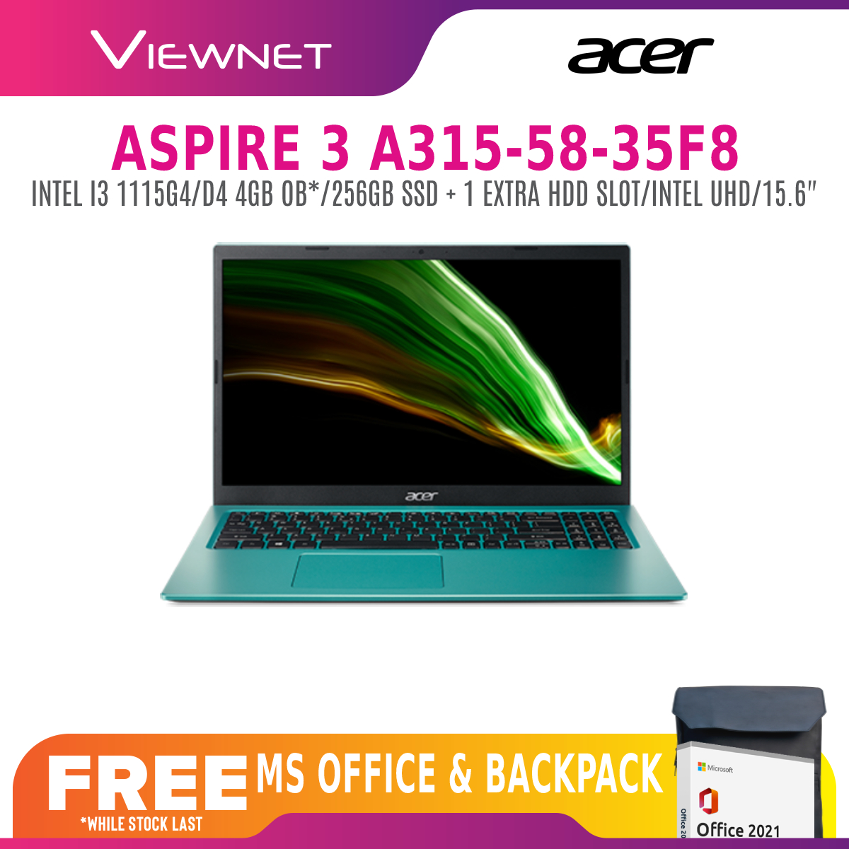 Acer Aspire 3 A315-58-34D0 / A315-58-35F8 15.6\'\'Laptop Pure Silver / blue ( I3-1115G4, 4GB, 256GB SSD, Intel, W11, HS)