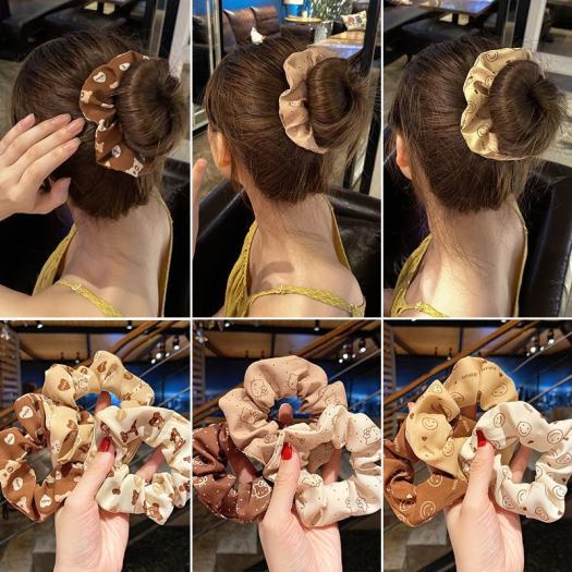 Dây buộc tóc scrunchies vải hàn quốc họa tiết dễ thương, dây chun cột tóc màu nâu, be, trắng LABIZI BT06