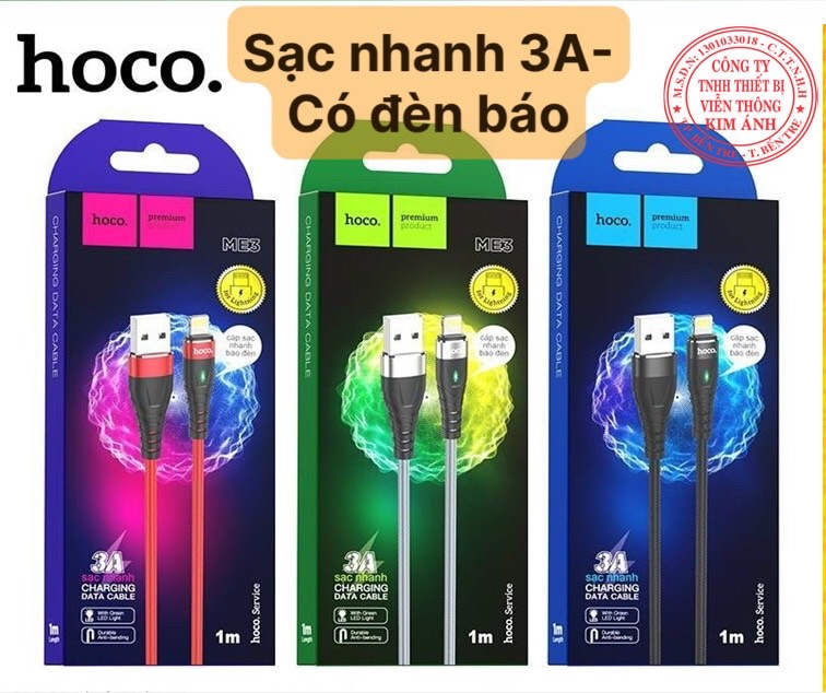 Ip- dây sạc nhanh hoco me3 chuôi lightning- cáp sạc nhanh 3a dây dù chống rối
