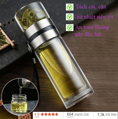 Bình giữ nhiệt, bình thủy tinh pha trà 2 lớp có lõi lọc inox 304 dung tích 500ml. Shopdogiadung68