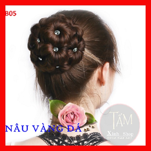 Búi tóc giả hoa thời trang trung niên cao cấp đẹp, búi hoa đính đá