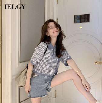 IELGY Áo Cánh Cổ Bẻ Rộng Dệt Kim Ngắn Tay Hàn Quốc Mùa Hè