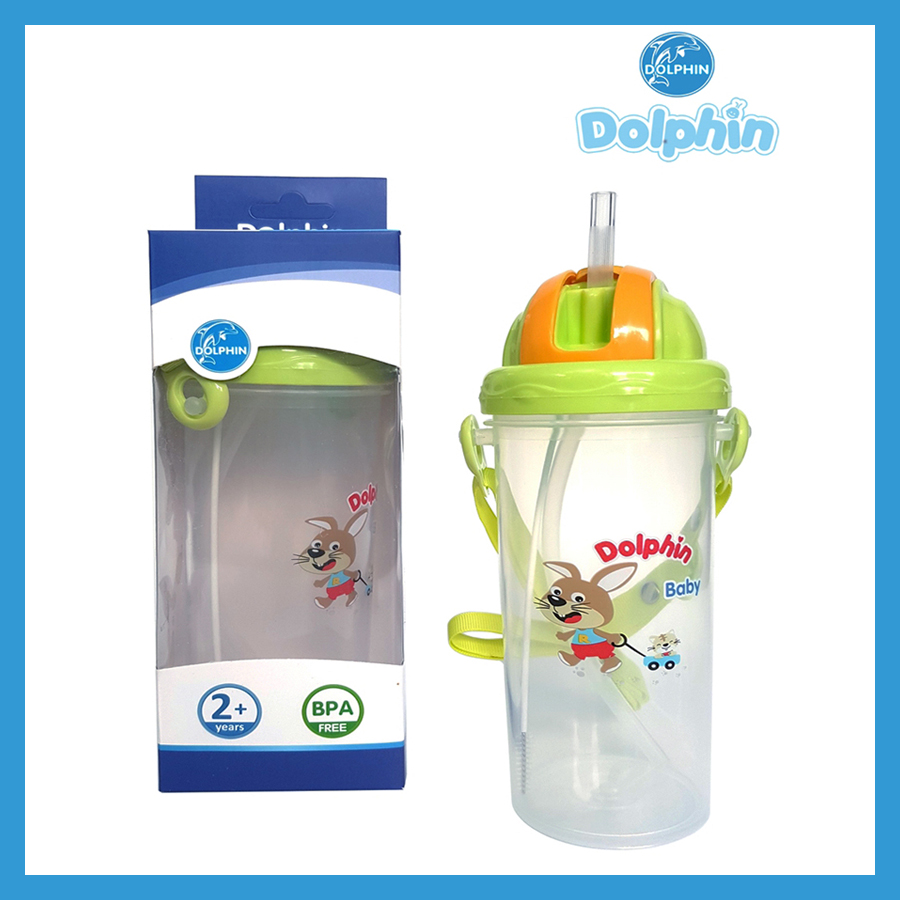 Bình uống nước học sinh pp dolphin, có ống hút silicone 450ml - dp024
