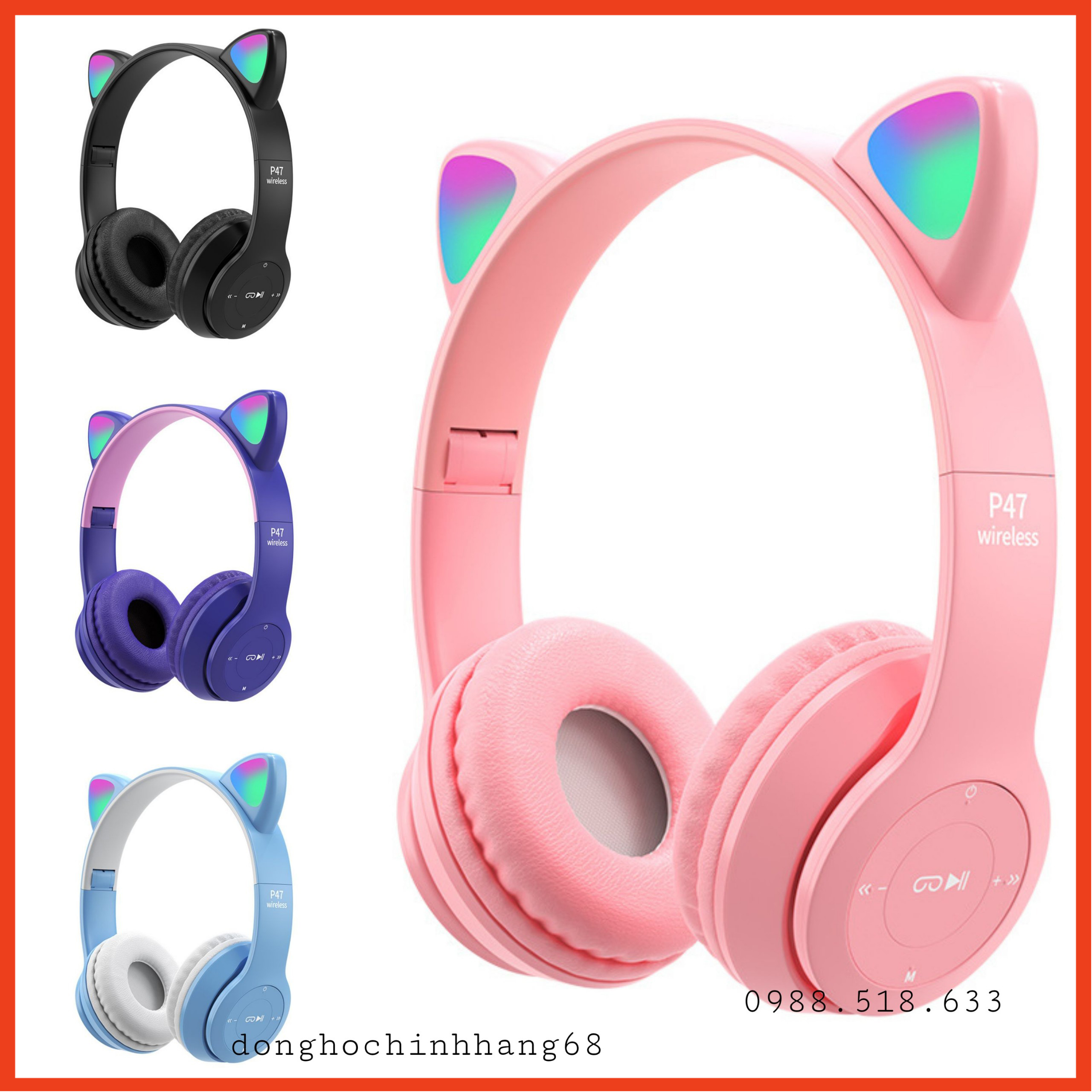 Tai Nghe Mèo Bluetooth P47M Chụp Tai, Tai Mèo Dễ Thương Có Mic, Âm Bass Mạnh Mẽ Bảo Hành 12 Tháng