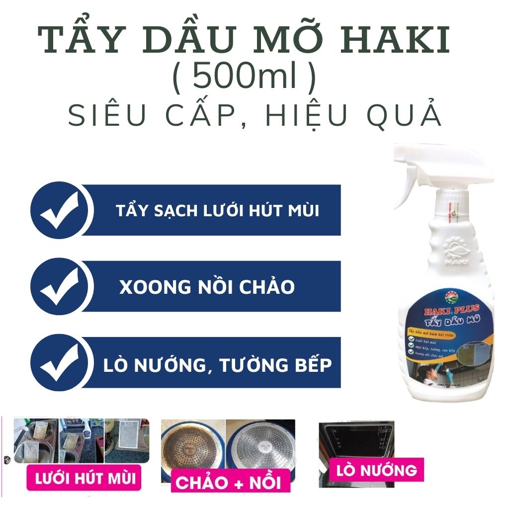 Chai xịt tẩy dầu mỡ Haki Plus tẩy bếp sạch vệ sinh nhà bếp tẩy lưới hút mùi tẩy bếp gas tẩy bếp từ tẩy gạch men tẩy dầu mỡ bám két cháy khét tẳy xoong nồi - Chai 500ml