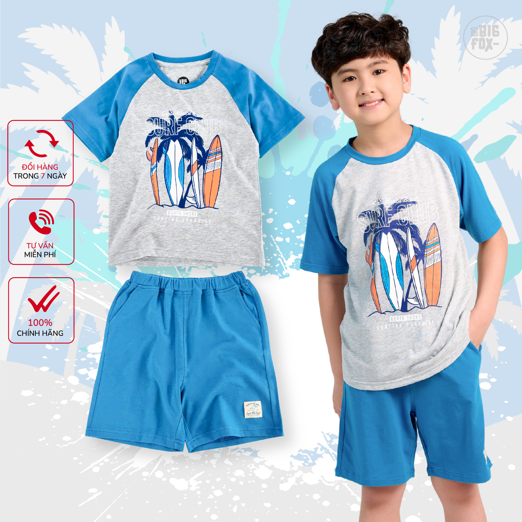 Bộ bé trai size đại, bộ đồ cộc tay cho bé chất cotton phong cách Âu Mỹ hình in ván lướt sóng 11 – 40 kg QATE