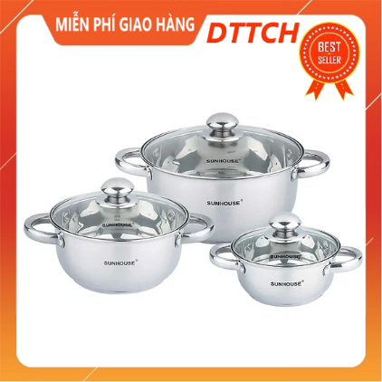 Nồi inox 3 đáy sunhouse 16cm - 20 cm - 24cm