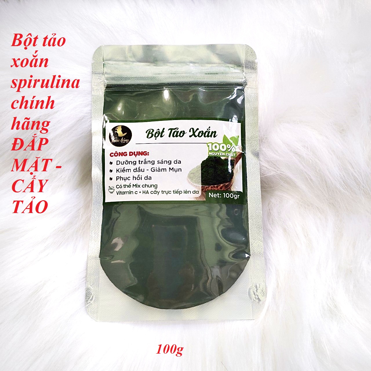Bột tảo nguyên chất là sản phẩm từ 100% tảo Spirulina dùng đắp mặt, dưỡng da, hết mụn, mờ thâm gói 100g