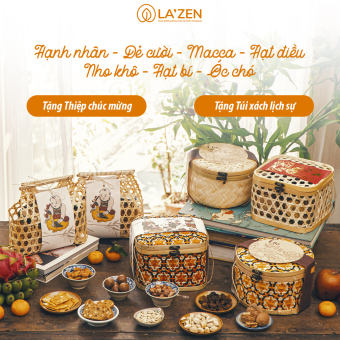 Giỏ Quà Tết mây tre đan VỀ NGUỒN 2024 hạt dinh dưỡng và quả sấy sang trọng, cao cấp La'zen