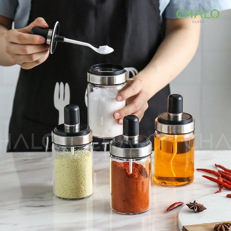 COMBO 5 Hũ đựng gia vị có thìa thông minh - Lọ Đựng Gia Vị Thủy Tinh Kèm Thìa 250ml Thủy Tinh Chịu N